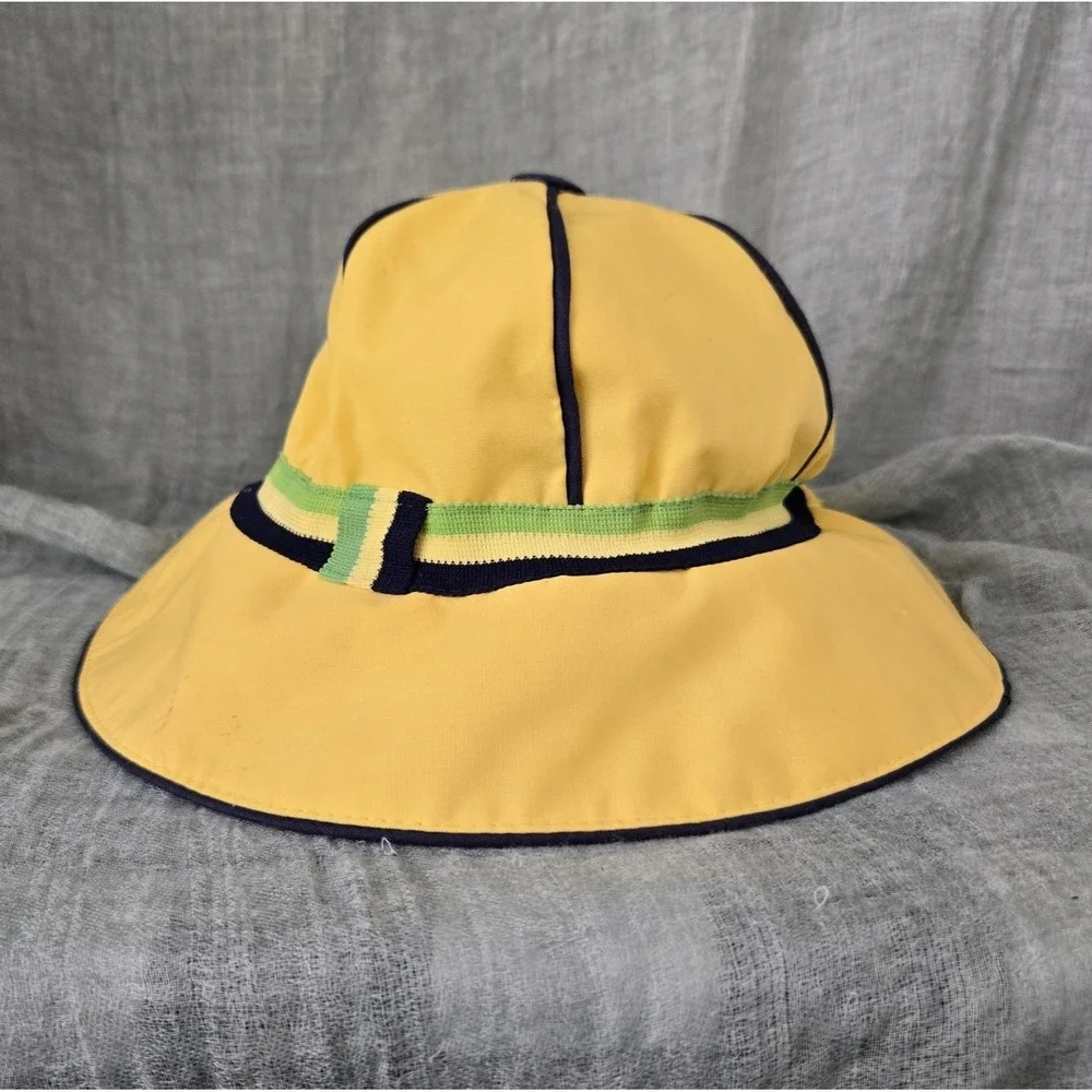Vintage Child's Rain Sun Bucket Hat Sloping Brim w/ Striped Hatband Foldable OS